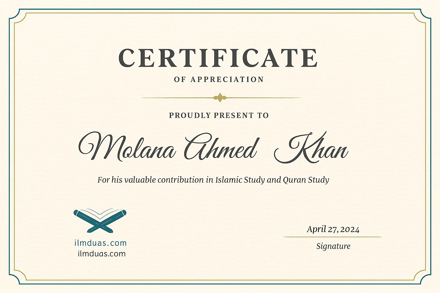 Certificate Molana Ahmed ali khan